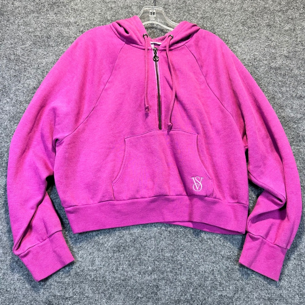 Victoria's Secret Hoodie Women Large Pink Cropped Half Zip Athleisure Y2K Lounge